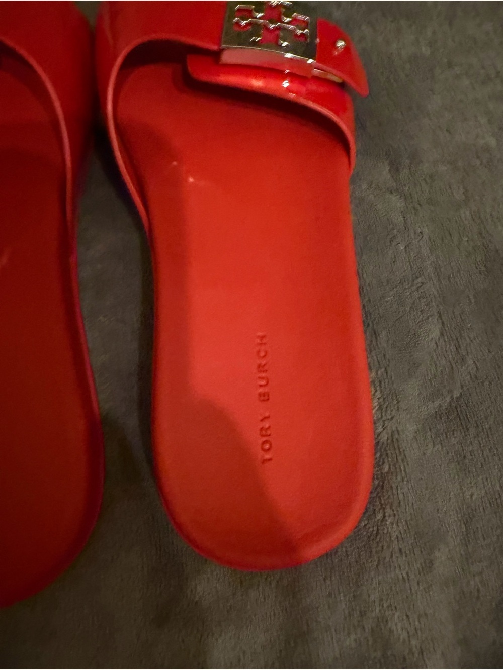 Tory Burch Red Patent Slide Sandals with Gold Logo - Picture 4 of 8